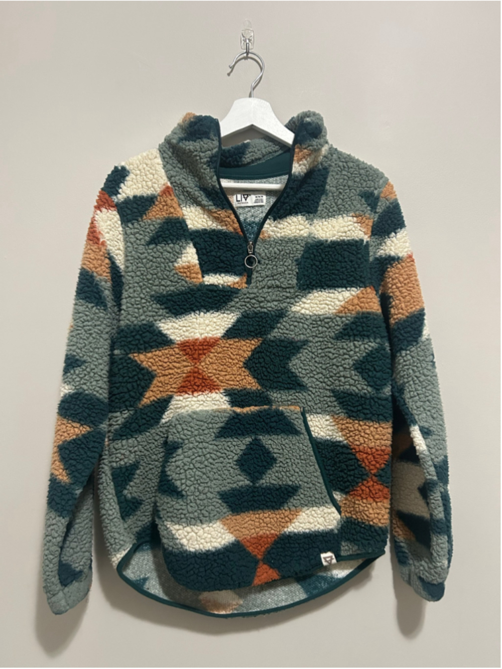 Women's Liv Outdoor Sherpa Pullover Sweatshirt Size M Green Orange Pattern